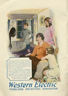 Advertisement for Western Electric wireless receiving apparatus showing a family Advertisement for Western Electric wireless receiving apparatus showing a family