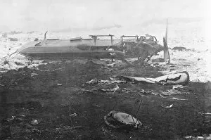 Aviation Images Collection: Airship Crash Site with Wreckage in a Field with Snow