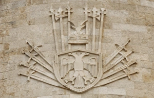 Albania. Kruje. The castle. Detail. Stone shield Albania. Kruje. The castle. Detail. Stone shield