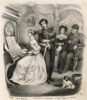 <b class=qtipBold><figcaption>Albert Courts Victoria</figcaption></b><br>Albert comes courting, Victoria entertains him at the piano while the duchess of Kent and the duke of Sussex look on with approval and even the dog seems to approve Date: 1838<br><em>© Mary Evans Picture Library</em> Albert Courts Victoria