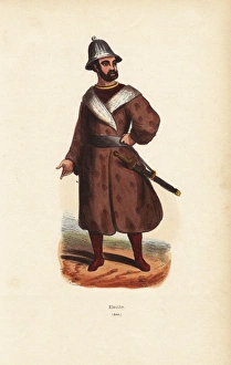 Aleutian man in helmet, long coat and boots Aleutian man in helmet, long coat and boots