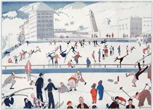 Winter Sports on Ice Rink Print: St. Moritz Scene