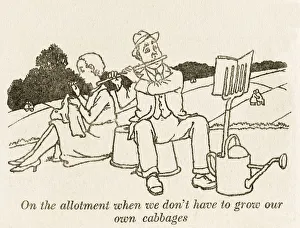 <b class=qtipBold><figcaption>Empty allotments / W H Robinson</figcaption></b><br>'On the allotment when we don't have to grow our own cabbages' This post war couple use theirs for flute practice and sewing. Please note: Credit must appear as (c) Courtesy of the estate of Mrs J.C.Robinson/Pollinger Ltd/Mary Evans Picture Library<br><em>© Mary Evans Picture Library 2015 - https://copyrighthub.org/s0/hub1/creation/maryevans/MaryEvansPictureID/10412187</em> Empty allotments / W H Robinson