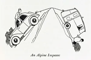 <b class=qtipBold><figcaption>An Alpine Impasse/ W H Robinson</figcaption></b><br>A couple on holiday have trouble with their car and caravan over a particularly steep peak. Please note: Credit must appear as (c) Courtesy of the estate of Mrs J.C.Robinson/Pollinger Ltd/Mary Evans Picture Library<br><em>© Mary Evans Picture Library 2015 - https://copyrighthub.org/s0/hub1/creation/maryevans/MaryEvansPictureID/10412144</em> An Alpine Impasse/ W H Robinson