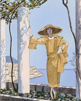 <b class=qtipBold><figcaption>'AMALFI' BY WORTH 1922</figcaption></b><br>Dress by Worth: barrel-line dress with 'V'-neck & ruffle fall collar, translucent over- sleeves with ruffle detail, broad sash & bow tied across the hips & a broad brimmed hat.<br><em>© Mary Evans Picture Library</em> 'AMALFI' BY WORTH 1922