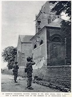Battle of Normandy (D-Day) Collection: American paratroop, hunting snipers in St. Mere Eglise, firing a volley into a church