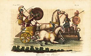 Ancient Greek warriors with painted shields riding a biga Ancient Greek warriors with painted shields riding a biga
