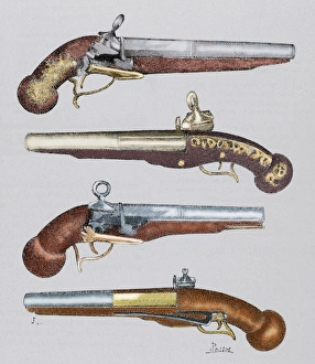 Ancient pistols. 18th century. Colored engraving Ancient pistols. 18th century. Colored engraving