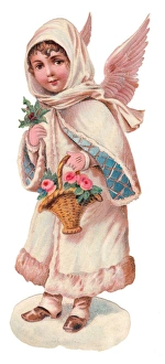 Angel with basket of flowers on a Victorian Christmas scrap Angel with basket of flowers on a Victorian Christmas scrap
