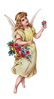 Angel with basket of flowers on a Victorian scrap Angel with basket of flowers on a Victorian scrap