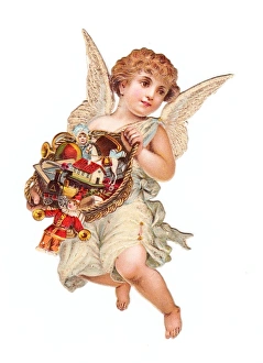 Angel with basket of toys on a Victorian Christmas scrap Angel with basket of toys on a Victorian Christmas scrap