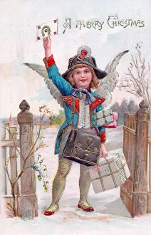 Parcel Gallery: Angel delivering presents on a Christmas postcard