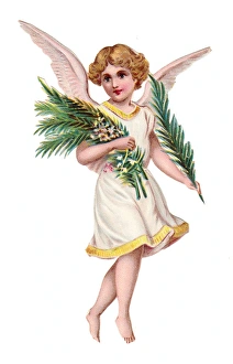 Angel with greenery on a Victorian scrap Angel with greenery on a Victorian scrap