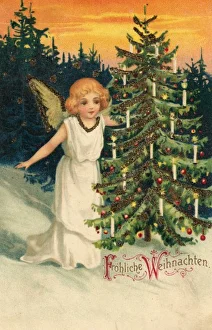 <b class=qtipBold><figcaption>Angel and Tree</figcaption></b><br>An angel admires a tree which, though out in the woods, is none the less decked with candles and dingle-dangles<br><em>© Mary Evans Picture Library</em> Angel and Tree