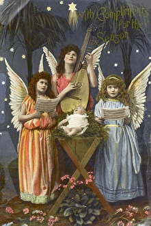 Three angels sing around crib - Kitsch Christmas postcard Three angels sing around crib - Kitsch Christmas postcard