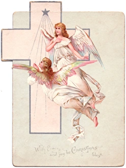 Two angels with star and cross on a Christmas card Two angels with star and cross on a Christmas card