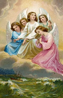 <b class=qtipBold><figcaption>Angels over Stormy Sea</figcaption></b><br>Five angels implore Heaven's mercy on a sailing ship which is in danger of running aground during a storm at sea.<br><em>© Mary Evans Picture Library</em> Angels over Stormy Sea
