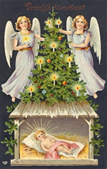 <b class=qtipBold><figcaption>Angels, Tree, Baby Jesus</figcaption></b><br>Two angels light the candles on a Christmas Tree on the roof of the stable where the baby Jesus lies, uniting pagan myth and the Christian story<br><em>© Mary Evans Picture Library</em> Angels, Tree, Baby Jesus