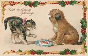 Early 20th Century Christmas Print: Puss and Pup Dispute