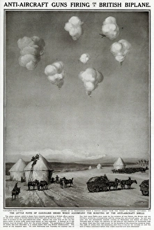 Anti-aircraft guns firing on British biplane, 1914 Anti-aircraft guns firing on British biplane, 1914