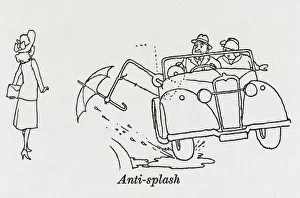 <b class=qtipBold><figcaption>Anti-splash car / W H Robinson</figcaption></b><br>A friendly driver spots a messy incident in the making and lowers his anti-splash device (an umbrella on a mechanical arm) allowing the female pedestrian to continue her journey unaffected by the muddy puddle that he has just driven through. Please note: Credit must appear as (c) Courtesy of the estate of Mrs J.C.Robinson/Pollinger Ltd/Mary Evans Picture Library<br><em>© Mary Evans Picture Library 2015 - https://copyrighthub.org/s0/hub1/creation/maryevans/MaryEvansPictureID/10412486</em> Anti-splash car / W H Robinson