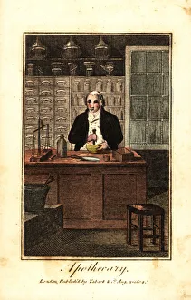 Apothecary in his shop using a mortar Apothecary in his shop using a mortar