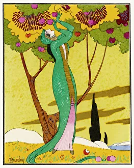 <b class=qtipBold><figcaption>Apple Picking a LA Mode</figcaption></b><br>Travesti costume by Redfern in which Eve is depicted as the serpent in a green dress with a snakes-head headdress. She sinfully picks an apple.<br><em>© Mary Evans Picture Library</em> Apple Picking a LA Mode