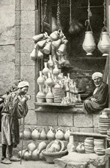 Arab pottery shop and shopkeeper, Cairo, Egypt Arab pottery shop and shopkeeper, Cairo, Egypt