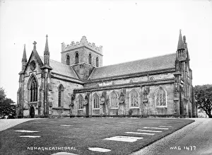 Prints of Armagh Cathedral - a front view of the Cathedral. (Location: Northern Ireland: County Armagh: Armagh). Date: circa early 1900s Armagh Prints: Armagh Cathedral Print - Early 1900s Front View