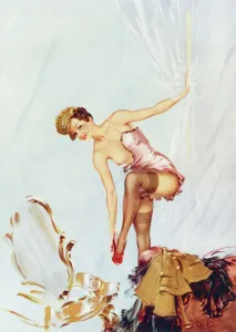 <b class=qtipBold><figcaption>Call to Arms by David Wright</figcaption></b><br>Call to Arms by David Wright, showing a model removing her army uniform. Wright produced a series of over 160 illustrations or 'pin-ups' for 'The Sketch' during the 1940's. David Wright's 'Lovelies' proved hugely popular and adorned practically every military mess, bunker, dormitory or club room in the country during World War II.<br><em>© Estate of David Wright/ILN/Mary Evans Picture Library</em> Call to Arms by David Wright