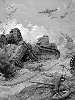 Army tanks in battle with planes overhead, WW2 Army tanks in battle with planes overhead, WW2