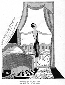 Art deco sketch by Fish of a woman opening the curtains Art deco sketch by Fish of a woman opening the curtains