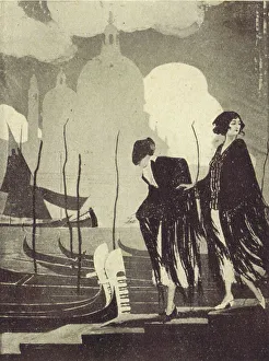 An art deco sketch of two women entering a gondola in Venice An art deco sketch of two women entering a gondola in Venice