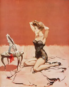 <b class=qtipBold><figcaption>Arts of Peace by David Wright</figcaption></b><br>Arts of Peace by David Wright, showing a woman pinning up hair in front of a mirror. Wright produced a series of over 160 illustrations or 'pin-ups' for 'The Sketch' during the 1940's. David Wright's 'Lovelies' proved hugely popular and adorned practically every military mess, bunker, dormitory or club room in the country during World War II.<br><em>© Estate of David Wright/ILN/Mary Evans Picture Library</em> Arts of Peace by David Wright