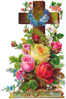 Assorted flowers on a cross-shaped greetings card Assorted flowers on a cross-shaped greetings card