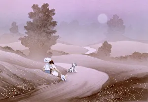 Atmospheric country scene - seated children with dog Atmospheric country scene - seated children with dog