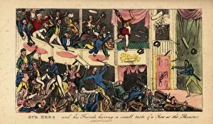 An audience rioting in the stalls in a Dublin theatre, 1821 An audience rioting in the stalls in a Dublin theatre, 1821