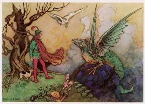 <b class=qtipBold><figcaption>Avenant and Dragon</figcaption></b><br>Avenant confronts a fearsome dragon - fortunately, a helpful owl is bringing him a magic phial, and all are able to live happily ever after, hero and dragon alike...<br><em>© Mary Evans Picture Library</em> Avenant and Dragon