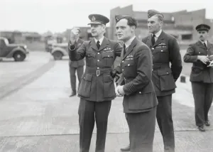 Prints of Air Marshal Lord Hugh Dowding (Left) with Group Captain Douglas Bader at the First Peacetime Battle-Of-Britain Anniversary Flypast over London Aviation Prints: Air Marshal Lord Hugh Dowding with Group Captain Douglas Bader Print