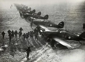 Prints of Royal Air Force RAF 87 Sqn Pilot Scramble to Their Hawker Hurricanes before the Battle-Of-Britain Date: 1939 Aviation Prints: Hawker Hurricane Mk 1 RAF Sqn Pilot Scramble Print 1939
