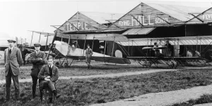 Prints of Pilot at the J.L. Hall School of Flying at Hendon Avro Type 500 and a Caudron Biplane Behind Date: 1913 Aviation Prints: Pilot at the J.L. Hall School of Flying, Hendon 1913 Print