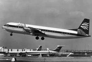 Prints of Bea Vickers Vanguard Taking-Off at Heathrow Date: 1960s Aviation Prints: Vickers Vanguard Taking-Off at Heathrow Print, 1960s