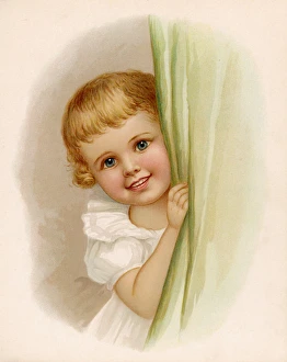 <b class=qtipBold><figcaption>Where is Baby? C1890</figcaption></b><br>"Where is baby?" A toddler peeps from behind a green curtain.<br><em>© Mary Evans Picture Library</em> Where is Baby? C1890
