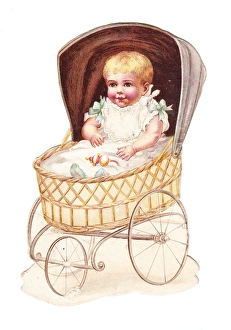 Baby in wickerwork pram on a cutout greetings card Baby in wickerwork pram on a cutout greetings card