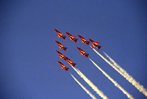 BAe Systems Hawks RAF Red Arrows climb Scampton 1989 BAe Systems Hawks RAF Red Arrows climb Scampton 1989