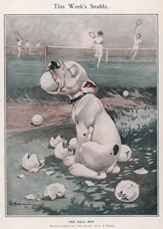 <b class=qtipBold><figcaption>The Ball Boy by George Studdy</figcaption></b><br>Bonzo, the comic canine creation of George Studdy sits at the edge of a tennis court and rather naughtily chews his way through a number of tennis balls. Credit line must read: Estate of George Studdy/Gresham Marketing Ltd./Mary Evan"<br><em>© Estate of George Studdy/Gresham Marketing Ltd./Mary Evans</em> The Ball Boy by George Studdy
