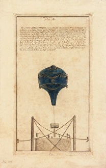 <b class=qtipBold><figcaption>Balloon built at Versailles</figcaption></b><br>A balloon built at Versailles, France, and put on display there on a platform. It was 60 feet high and 40 feet in diameter, in blue and gold material. A sheep was placed in the cage, and an ascent took place in front of the King and Royal Family. The balloon later descended in Paris, in the Carrefour Marechal, Bois de Vaucresson, near the Chemin aux Boeufs. 19 September 1783<br><em>© The Royal Aeronautical Society (National Aerospace Library)/Mary Evans</em> Balloon built at Versailles