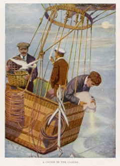 <b class=qtipBold><figcaption>Balloon Lightened</figcaption></b><br>A scene in the basket of a balloon. One man consults the altimeter : another empties sand to lighten the balloon and gain height, a third releases a carrier-pigeon.<br><em>© Mary Evans Picture Library</em> Balloon Lightened