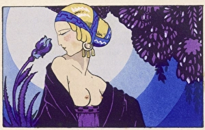 <b class=qtipBold><figcaption>Bare breasted woman</figcaption></b><br>A stylised art deco image showing a woman with her blonde hair in an elaborate classical style, barely wearing a dress and gazing at a phallic shaped purple flower.<br><em>© Mary Evans/The Bookshop on the Heath Ltd</em> Bare breasted woman