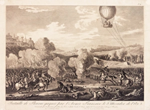 <b class=qtipBold><figcaption>Battle of Fleurus with balloon</figcaption></b><br>The Battle of Fleurus, won by the French Army, with the first military use of a reconnaissance balloon. The hydrogen balloon L'Entreprenant was used to pass messages to the ground while the French Republican Army fought the Coalition forces. 26 June 1794<br><em>© The Royal Aeronautical Society (National Aerospace Library)/Mary Evans</em> Battle of Fleurus with balloon